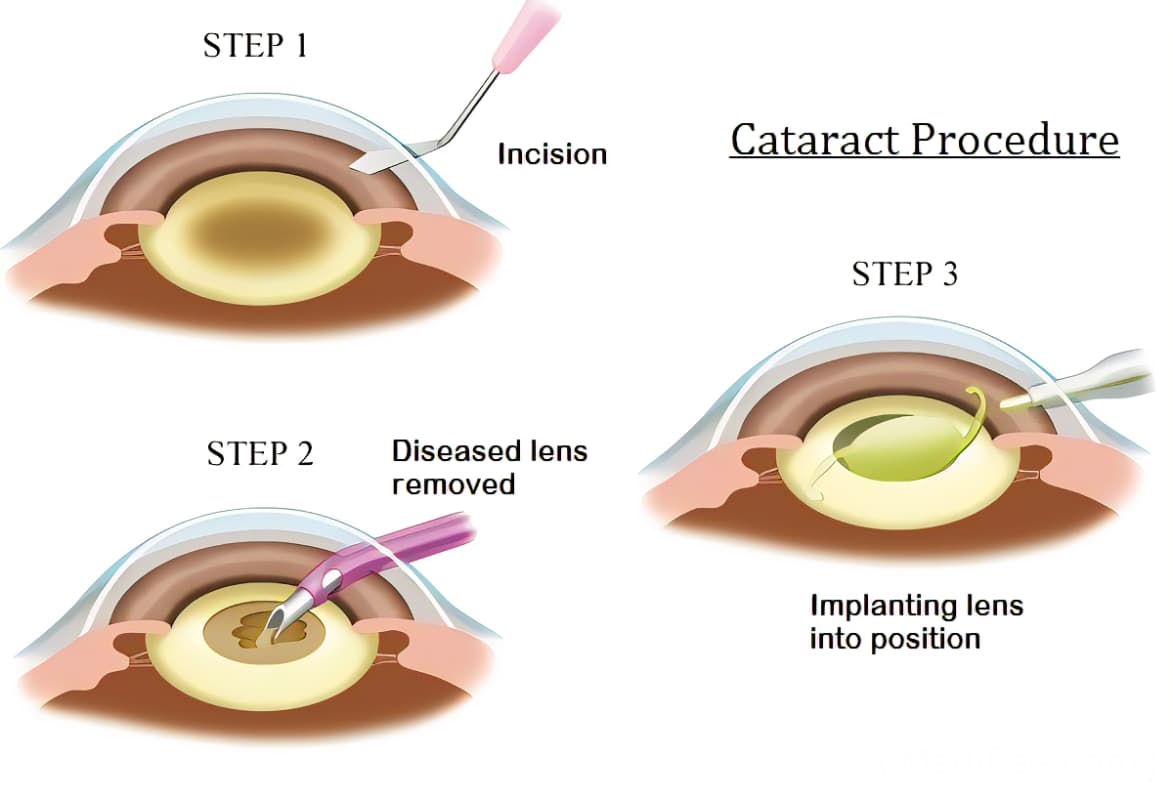 Cataract procedure steps: incision, diseased lens removed, implanting lens into position